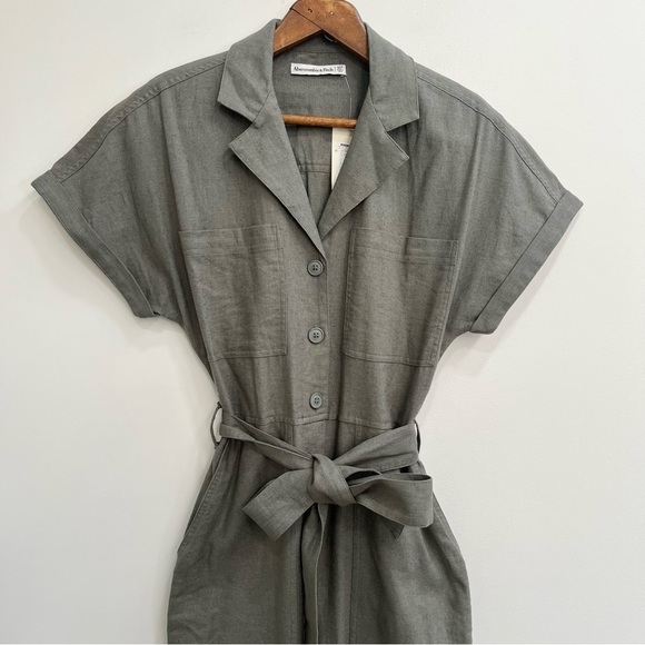 Abercrombie & Fitch Linen-Blend Utility Boiler Suit Jumpsuit Olive Green XS Tall - Picture 5 of 15
